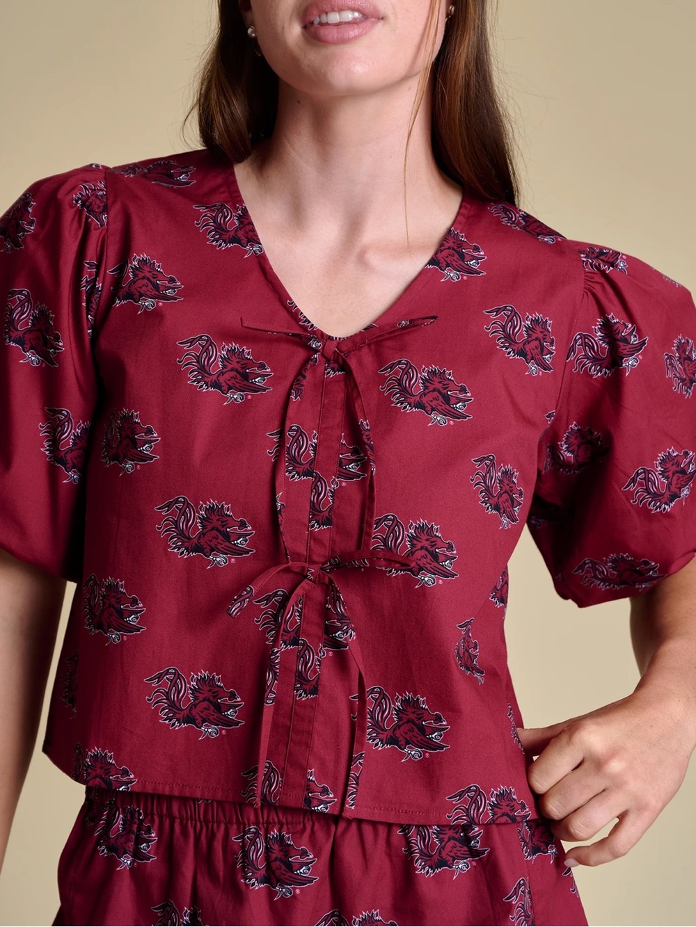 South Carolina Gamecocks Poplin Puff Sleeve Tie Top 100% Cotton Small NWT $96